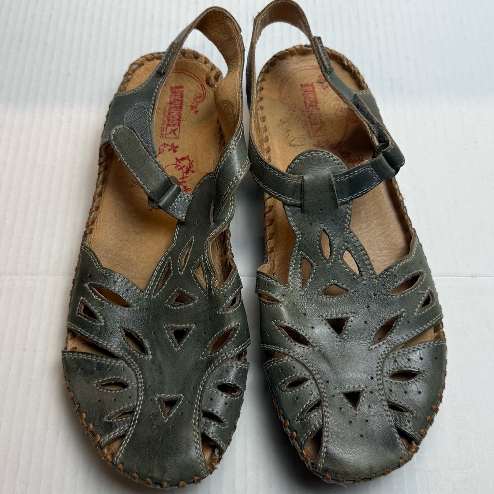 Pikolinos Leather Cutout Slingback Sandals EU 41 Gray Green Comfort Walking Shoe - Picture 2 of 12